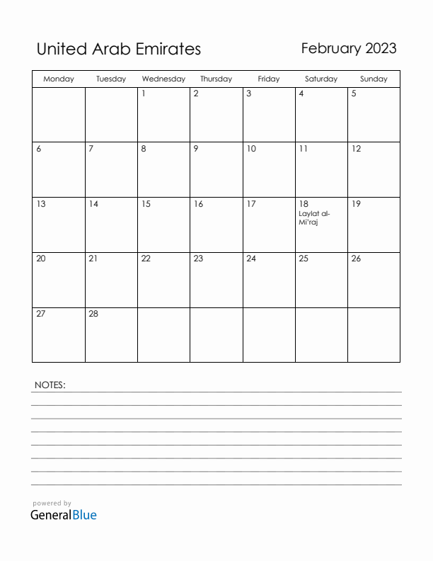 February 2023 United Arab Emirates Calendar with Holidays (Monday Start)