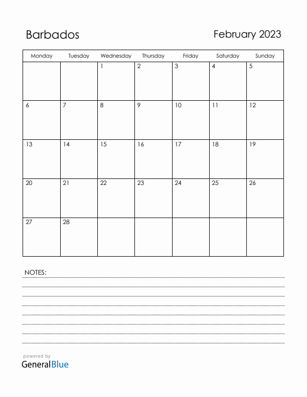 February 2023 Barbados Calendar with Holidays (Monday Start)