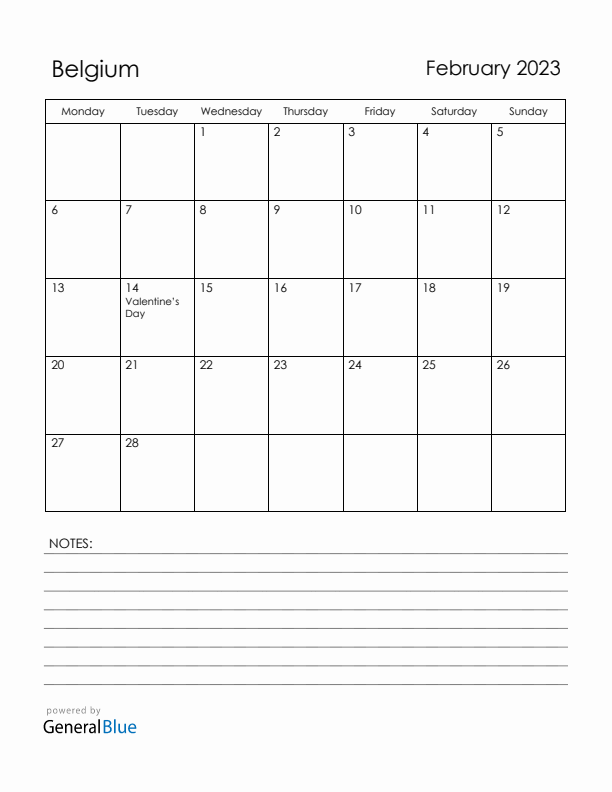 February 2023 Belgium Calendar with Holidays (Monday Start)