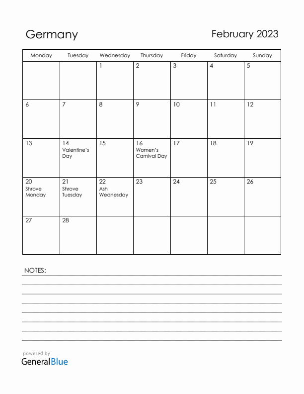February 2023 Germany Calendar with Holidays (Monday Start)