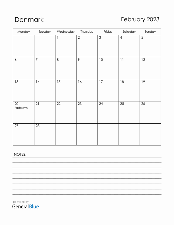 February 2023 Denmark Calendar with Holidays (Monday Start)