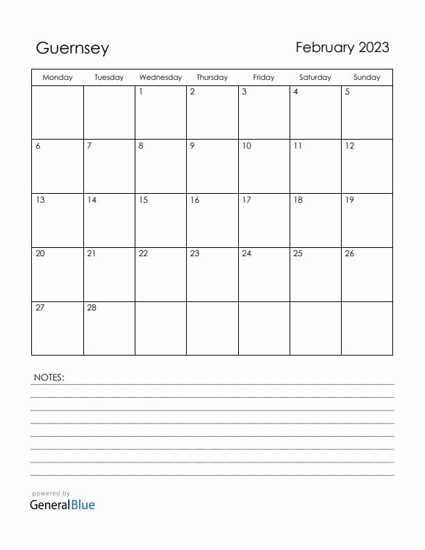 February 2023 Guernsey Calendar with Holidays (Monday Start)