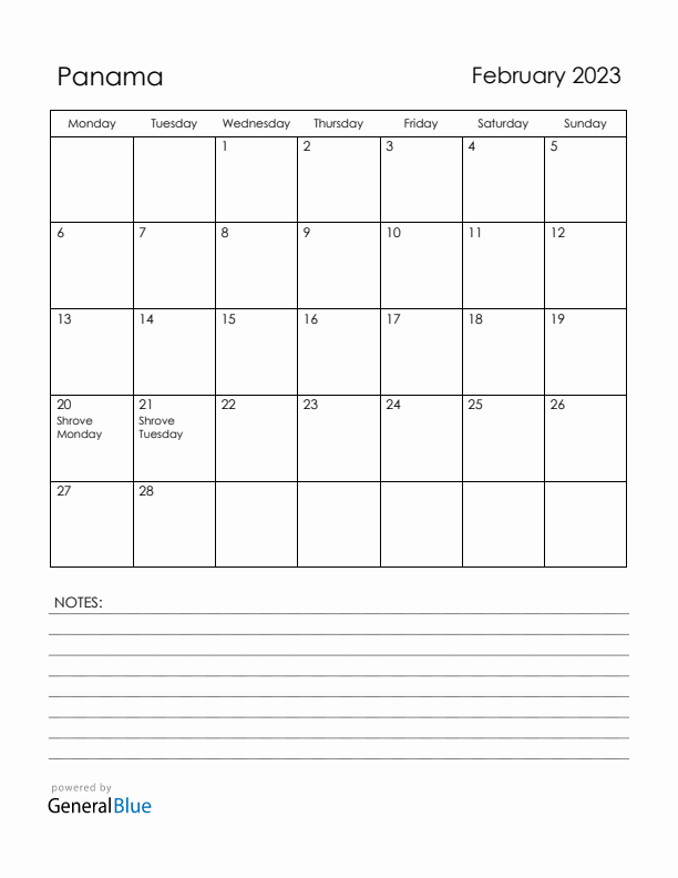 February 2023 Panama Calendar with Holidays (Monday Start)