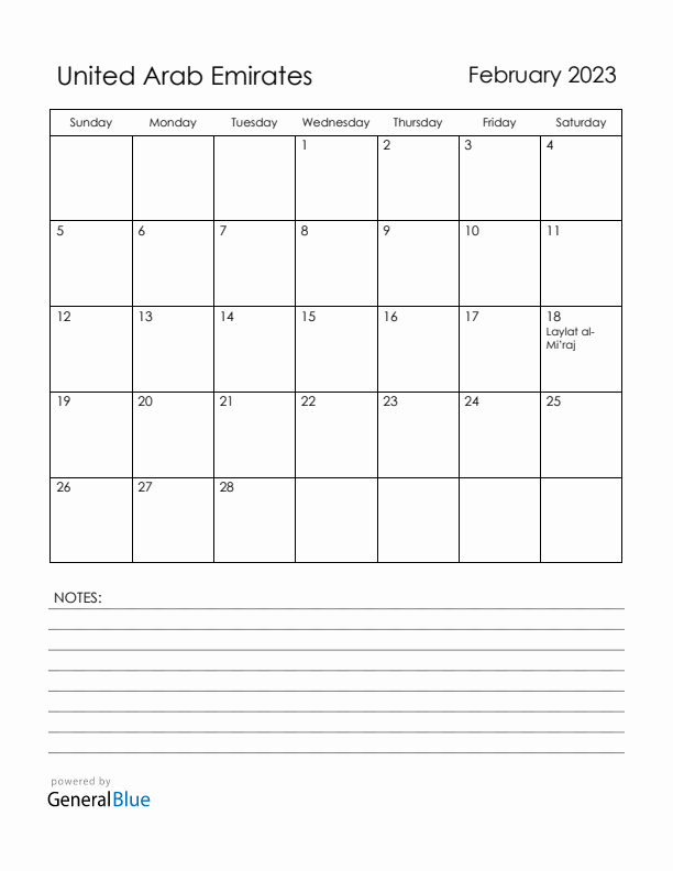 February 2023 United Arab Emirates Calendar with Holidays (Sunday Start)