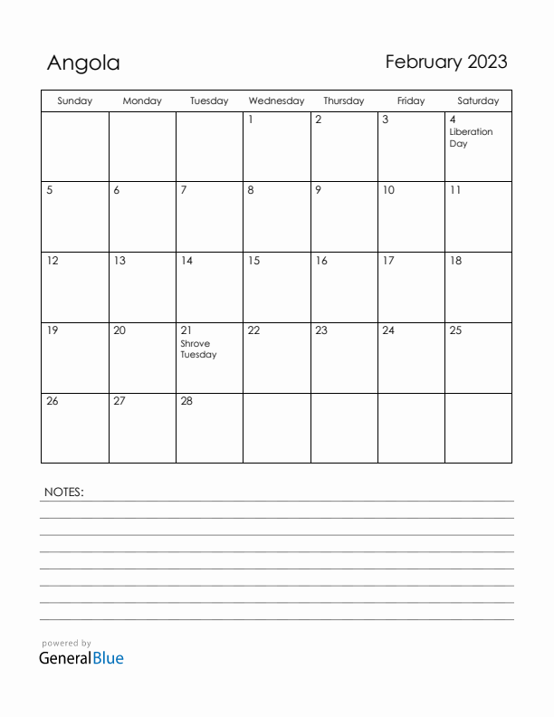 February 2023 Angola Calendar with Holidays (Sunday Start)