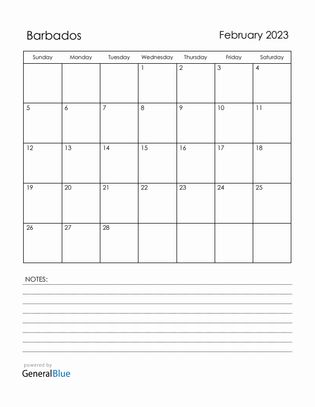 February 2023 Barbados Calendar with Holidays (Sunday Start)