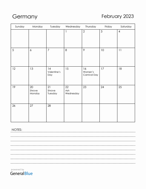 February 2023 Germany Calendar with Holidays (Sunday Start)