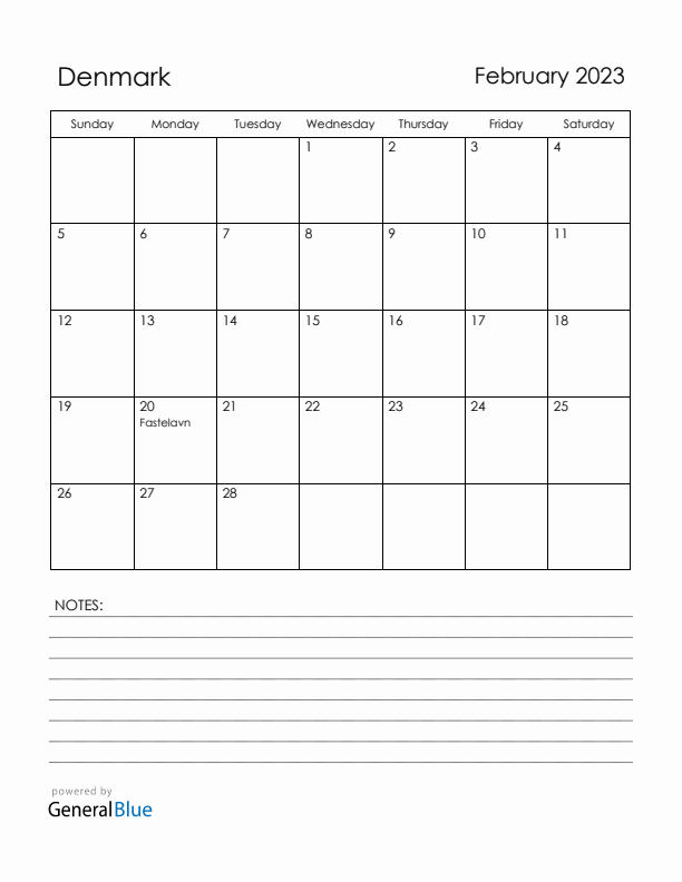 February 2023 Denmark Calendar with Holidays (Sunday Start)