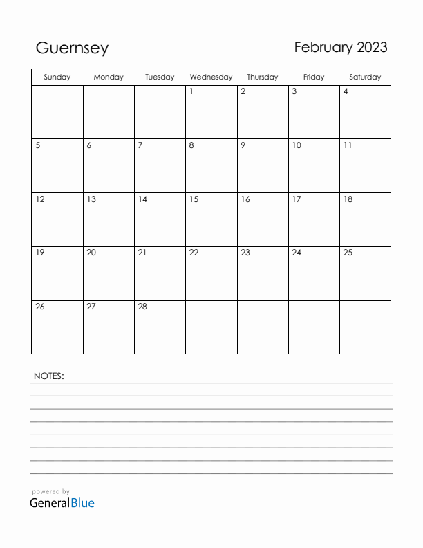 February 2023 Guernsey Calendar with Holidays (Sunday Start)