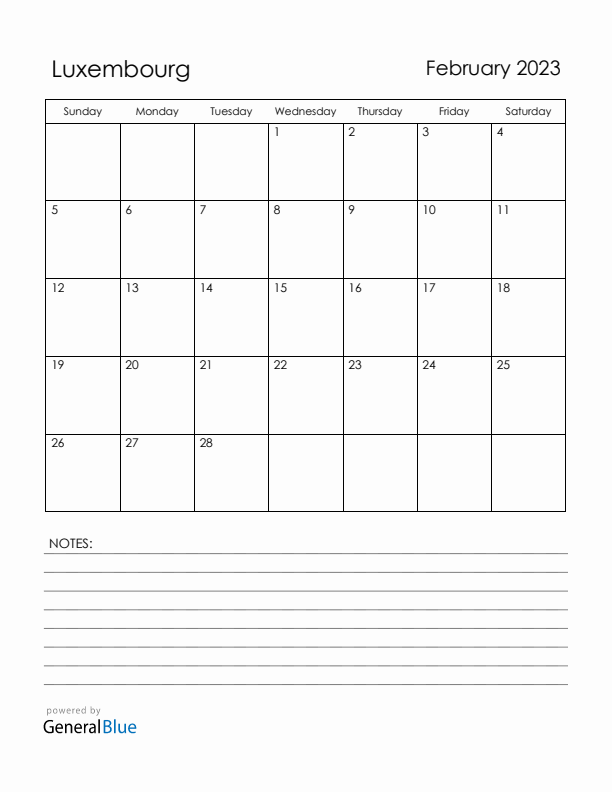 February 2023 Luxembourg Calendar with Holidays (Sunday Start)