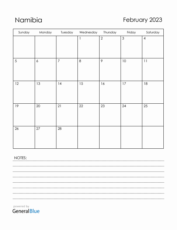 February 2023 Namibia Calendar with Holidays (Sunday Start)