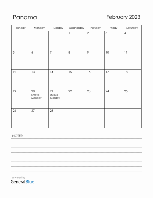 February 2023 Panama Calendar with Holidays (Sunday Start)