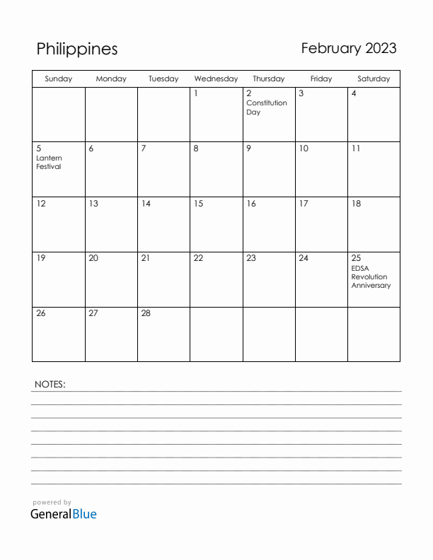 February 2023 Philippines Calendar with Holidays (Sunday Start)