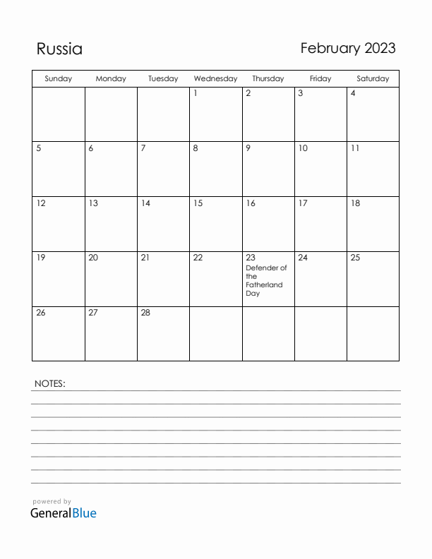 February 2023 Russia Calendar with Holidays (Sunday Start)