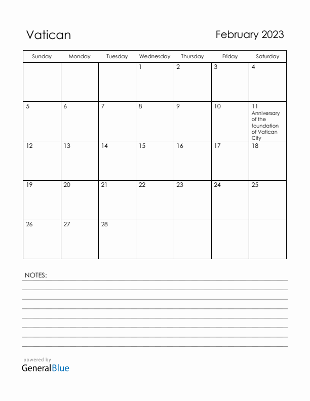 February 2023 Vatican Calendar with Holidays (Sunday Start)