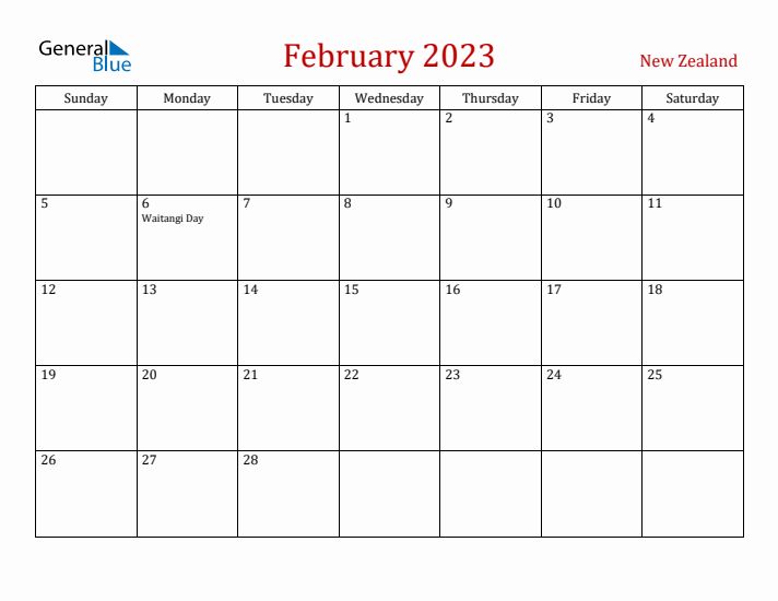 New Zealand February 2023 Calendar - Sunday Start