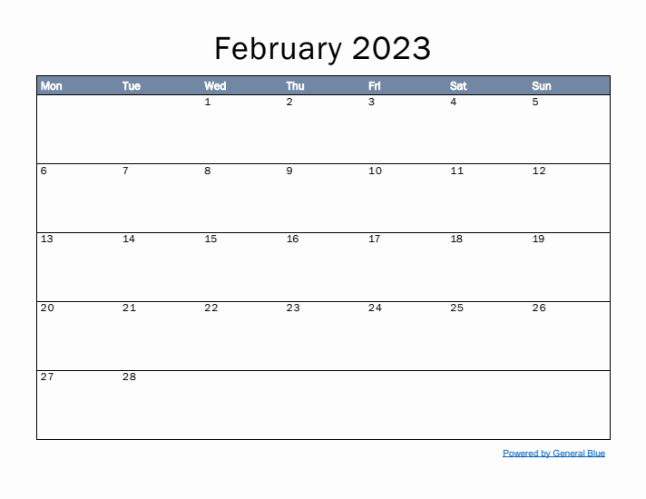 February 2023 Simple Month Calendar Template