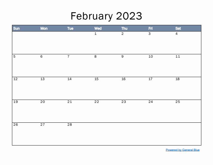 February 2023 Simple Month Calendar Template