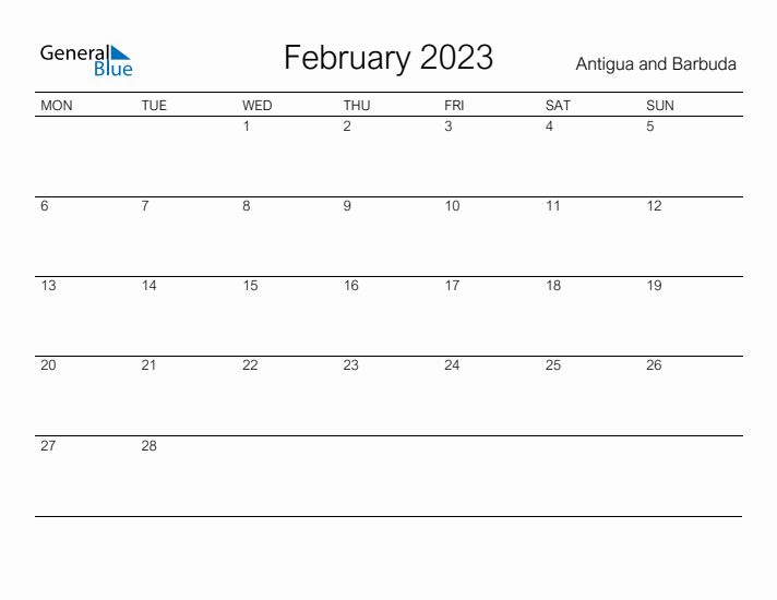 Printable February 2023 Calendar for Antigua and Barbuda