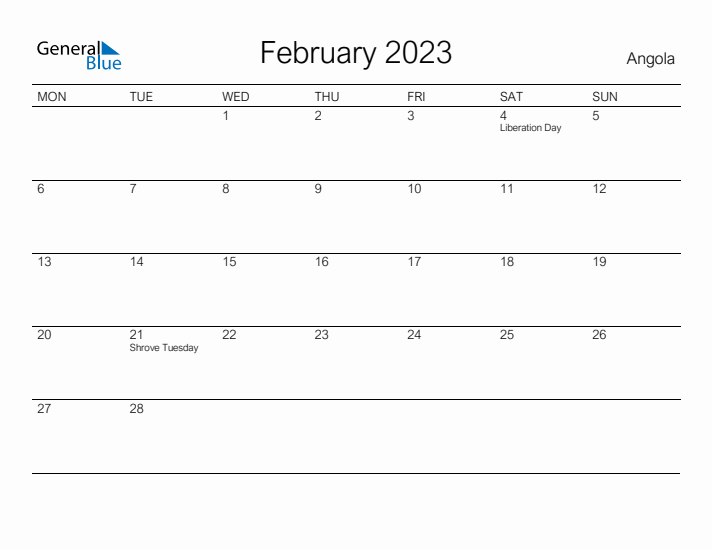 Printable February 2023 Calendar for Angola