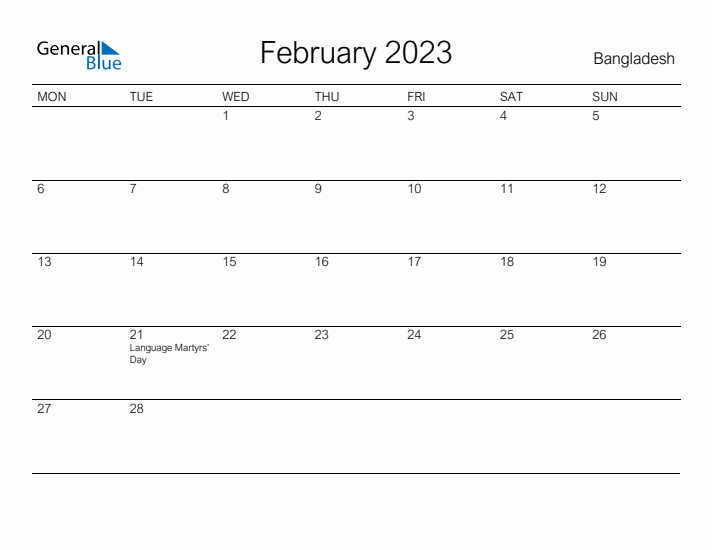 Printable February 2023 Calendar for Bangladesh