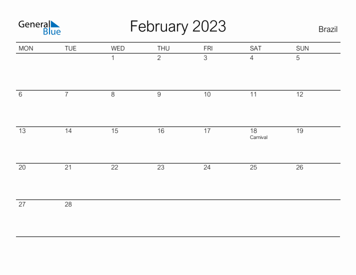 Printable February 2023 Calendar for Brazil