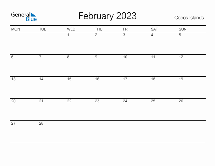 Printable February 2023 Calendar for Cocos Islands