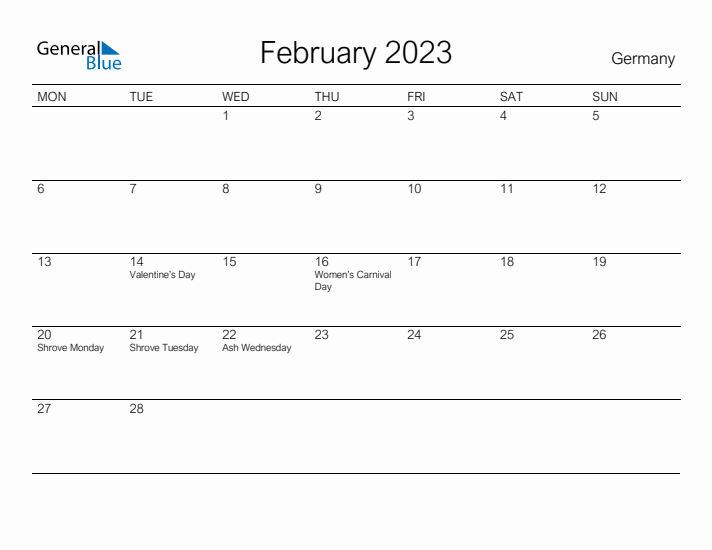 Printable February 2023 Calendar for Germany