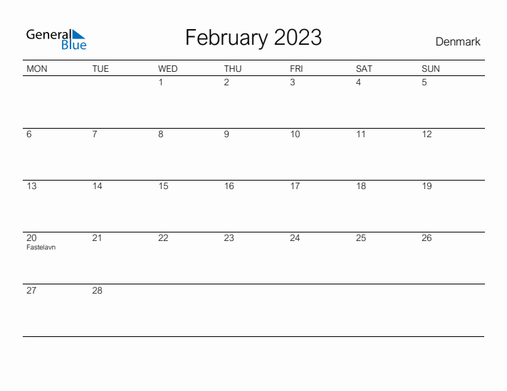 Printable February 2023 Calendar for Denmark