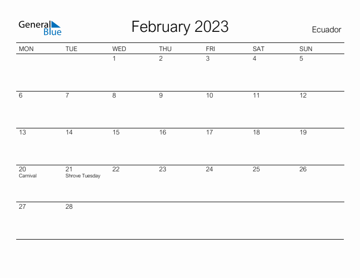 Printable February 2023 Calendar for Ecuador