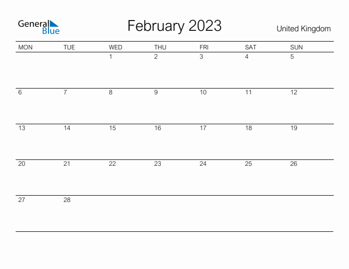 Printable February 2023 Calendar for United Kingdom