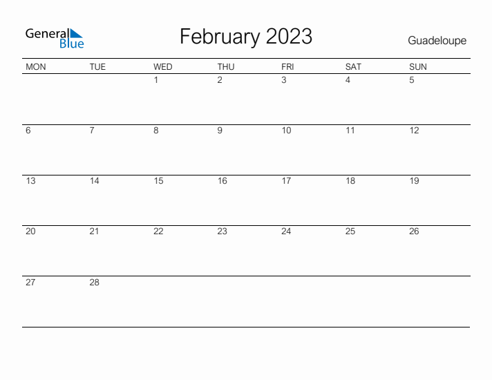 Printable February 2023 Calendar for Guadeloupe