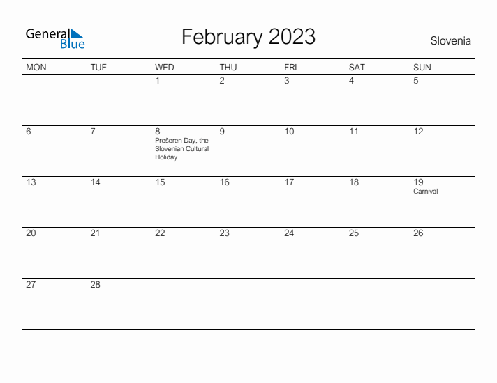 Printable February 2023 Calendar for Slovenia