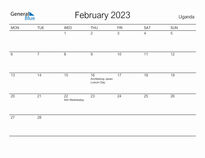 Printable February 2023 Calendar for Uganda