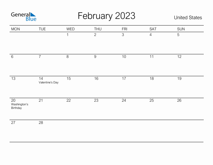 Printable February 2023 Calendar for United States