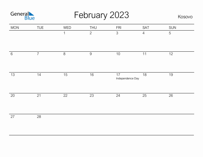 Printable February 2023 Calendar for Kosovo