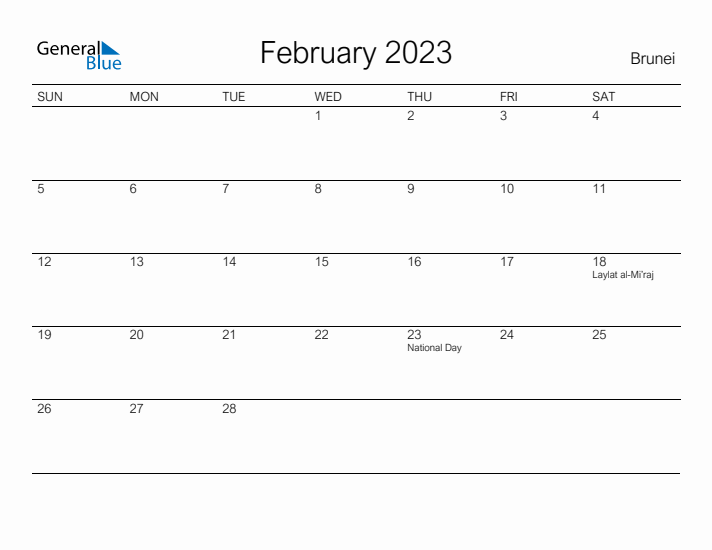 Printable February 2023 Calendar for Brunei