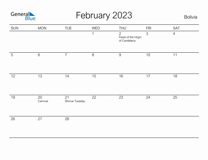 Printable February 2023 Calendar for Bolivia