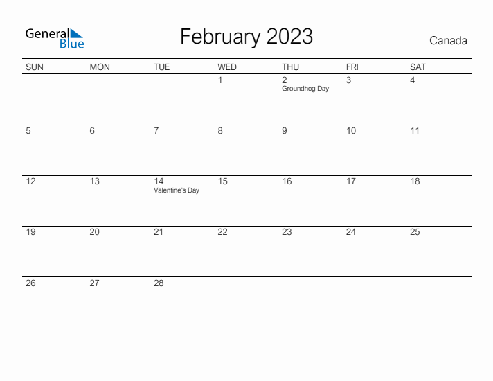 Printable February 2023 Calendar for Canada