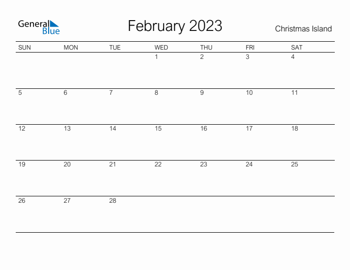 Printable February 2023 Calendar for Christmas Island