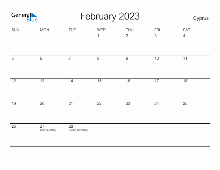 Printable February 2023 Calendar for Cyprus