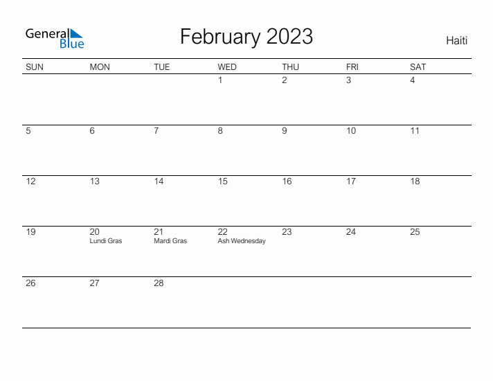 Printable February 2023 Calendar for Haiti