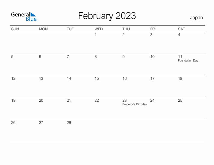 Printable February 2023 Calendar for Japan