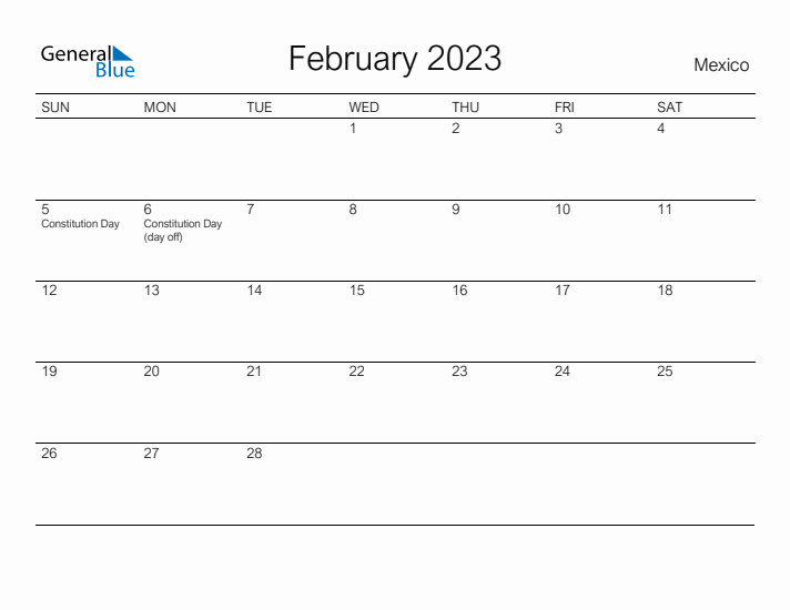 Printable February 2023 Calendar for Mexico