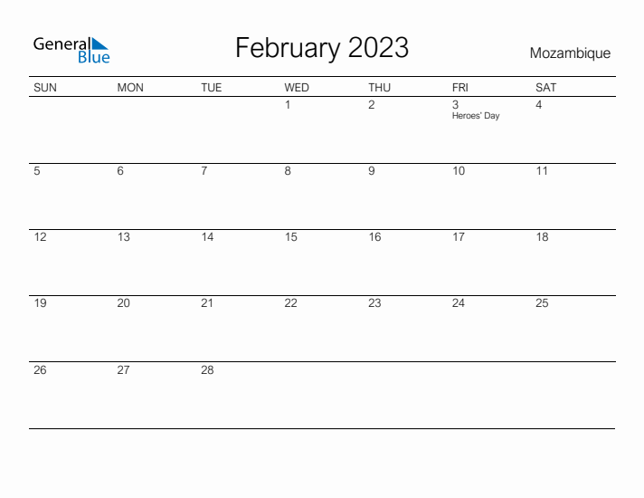 Printable February 2023 Calendar for Mozambique