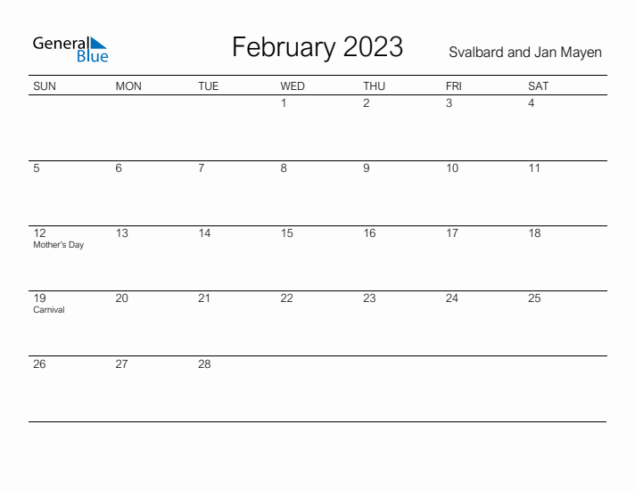 Printable February 2023 Calendar for Svalbard and Jan Mayen