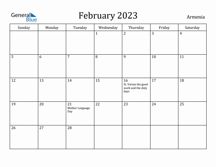 February 2023 Calendar Armenia