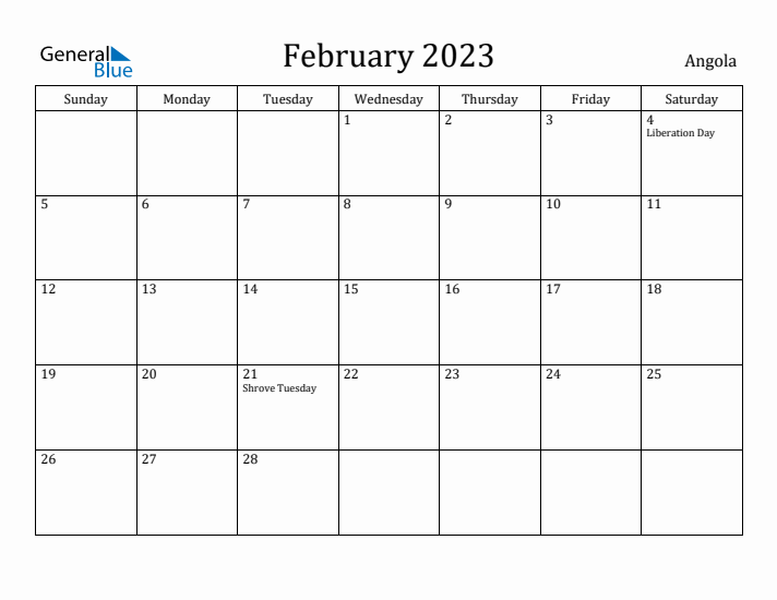 February 2023 Calendar Angola