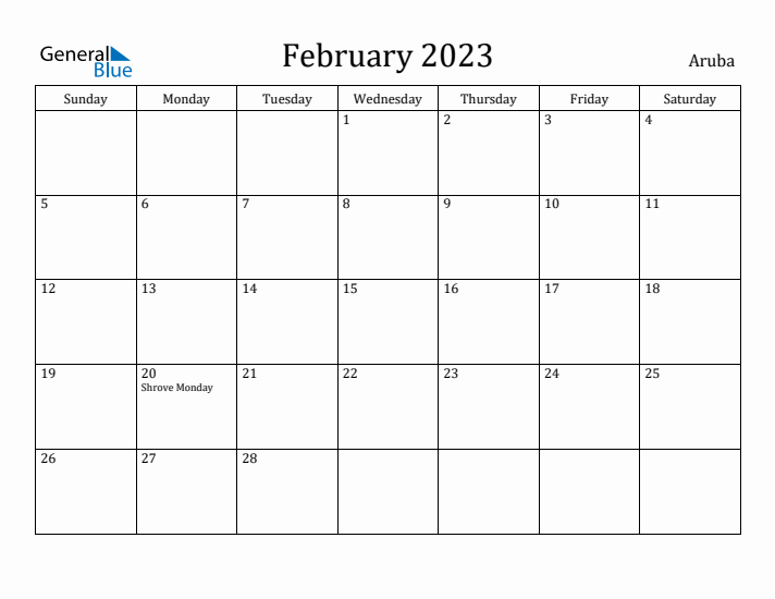 February 2023 Calendar Aruba