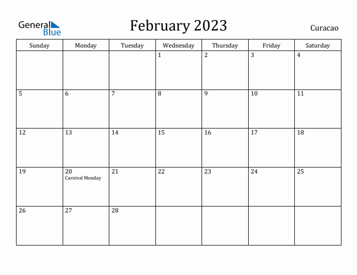 February 2023 Calendar Curacao